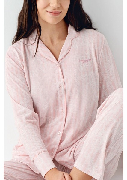 9087 Kadın Krem Uzun Kollu Önden Düğmeli Gömlek Pijama Takımı modelleri