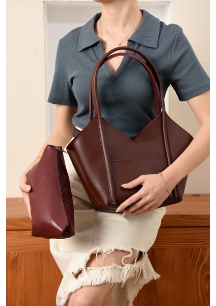 Kadın Şık Tasarımlı Omuz ve Kol Çantası + Yavru Çanta