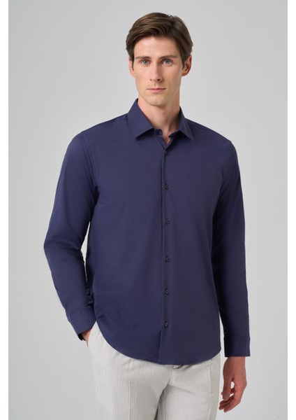 Erkek Lacivert Slim Fit Sert Yaka Gömlek