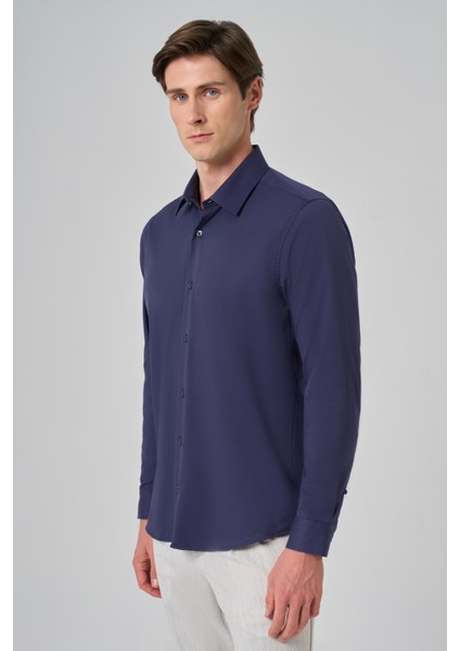 Erkek Lacivert Slim Fit Sert Yaka Gömlek modelleri