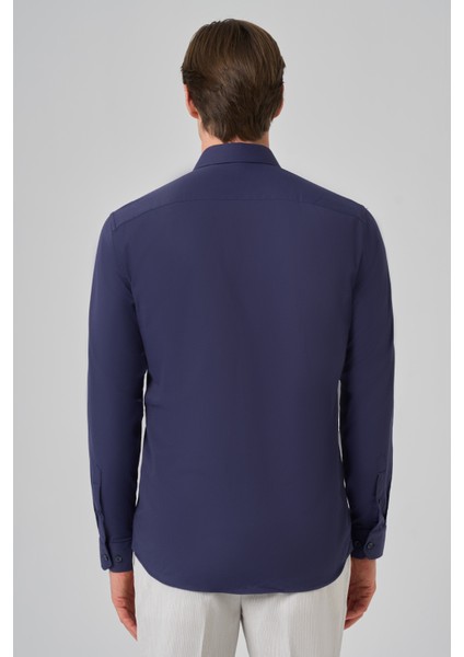 Erkek Lacivert Slim Fit Sert Yaka Gömlek indirimleri