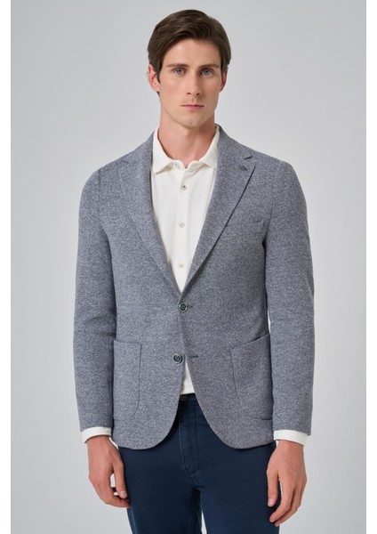 Erkek Lacivert Örme Trend Desenli Slim Fit Mono Yaka Ceket