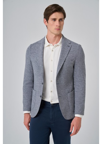 Erkek Lacivert Örme Trend Desenli Slim Fit Mono Yaka Ceket modelleri