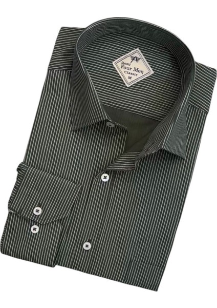 Erkek Klasik Geniş Rahat Kesim Cepli Çizgili Uzun Kollu Pamuk Gömlek