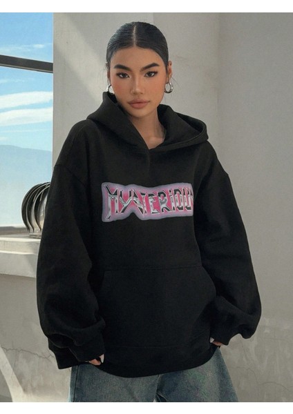 Kadın Baskılı Sweatshırt Kapüşonlu Oversize 3 Iplik Pamuklu