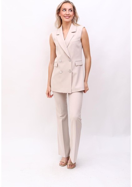 Blazer Yelek & Ispanyol Paça Pantolon-Bej indirimleri