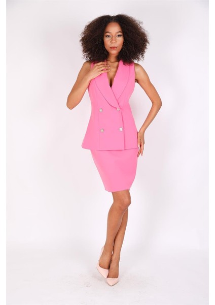 Abiye Yelek & Kısa Klem Etek Takım-Pembe