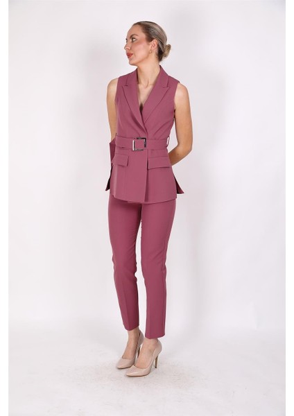 Kemerli Klasik Yelek & Boru Paça Pantolon Takım-Rose indirimleri