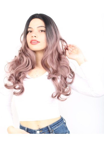 Yoğun Dalgalı Fiber Sentetik Uzun Perçemsiz Peruk / Siyah / Gül Kurusu Ombreli