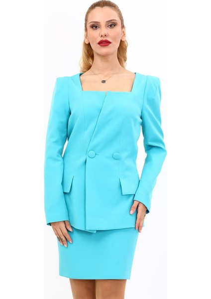 Kare Yaka Ceket-Turkuaz