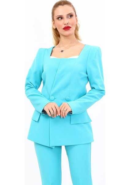 Kare Yaka Ceket-Turkuaz fırsatları