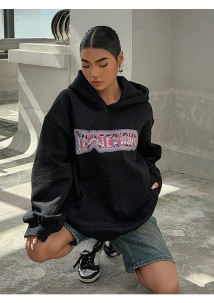 Kadın Baskılı Sweatshırt Kapüşonlu Oversize 3 Iplik Pamuklu indirimleri