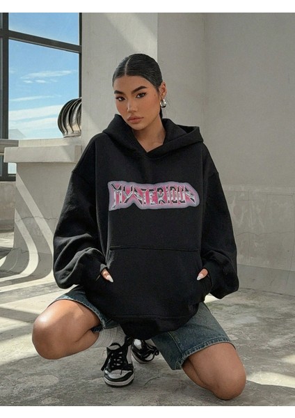 Kadın Baskılı Sweatshırt Kapüşonlu Oversize 3 Iplik Pamuklu