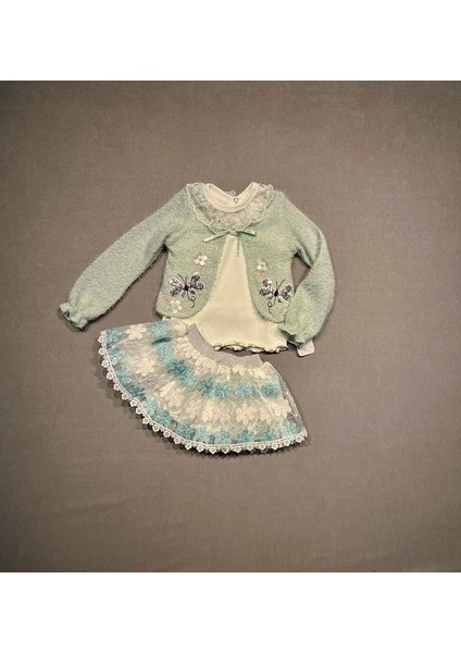 1-2-3 Yaş Brode Etekli Örme Hırkalı Uzun Kollu Sweat 3lü Kız Çocuk Takımı