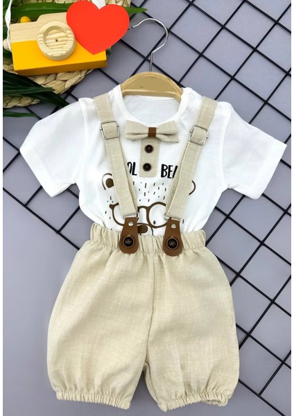 9-12-18-24 Ay Papyon Detaylı Keten Şort Salopet Tişörtlü 2li Erkek Bebek Takımı