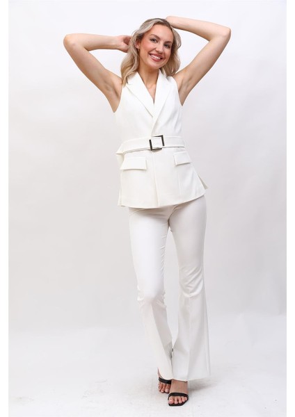 Kemerli Klasik Yelek & Ispanyol Paça Pantolon Takım-Beyaz