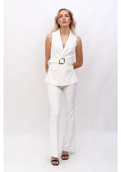 Kemerli Klasik Yelek & Ispanyol Paça Pantolon Takım-Beyaz fiyatları