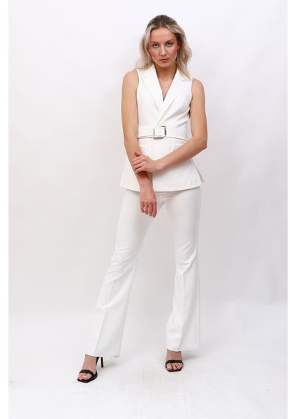 Kemerli Klasik Yelek & Ispanyol Paça Pantolon Takım-Beyaz modelleri