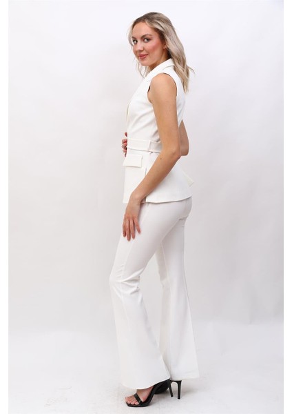 Kemerli Klasik Yelek & Ispanyol Paça Pantolon Takım-Beyaz fırsatları