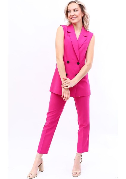 Blazer Yelek & Boru Paça Pantolon-Fuşya fiyatları