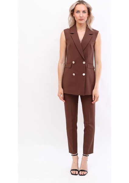 Blazer Yelek & Boru Paça Pantolon-Kestane