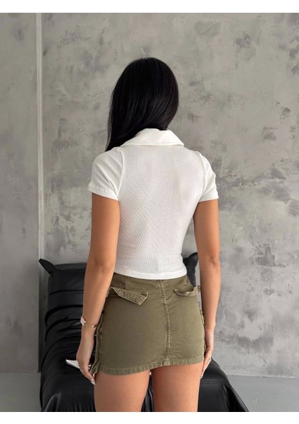 Kaşkorse Yaka Fermuarlı Bluz Beyaz modelleri