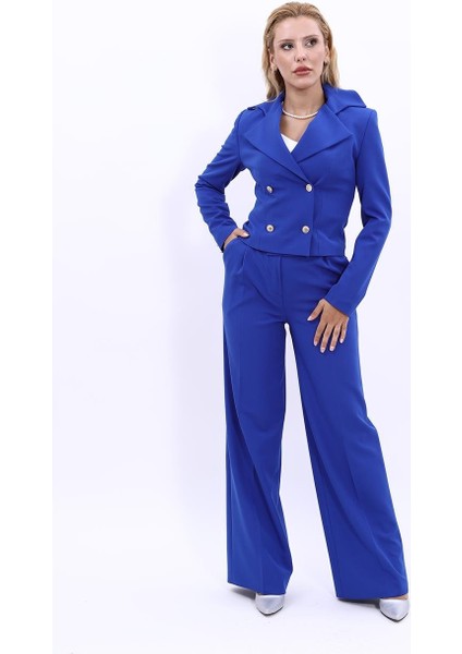 Gömlek Yaka Kuruvaze Kısa Ceket & Korsaj Kemer Palazzo Pantolon-Saks