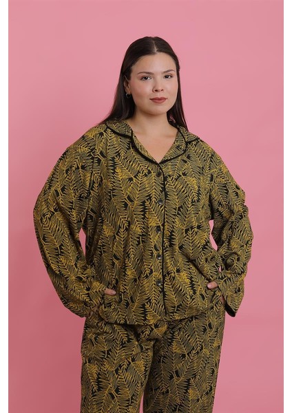Modaserdem Akbeniz Kadın Büyük Beden Tropikal Yaprak Desenli Düğmeli Pijama Takımı
