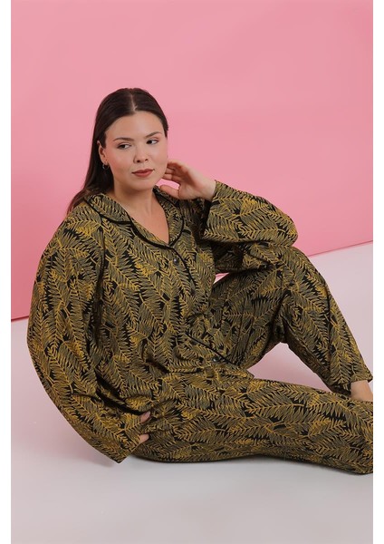 Modaserdem Akbeniz Kadın Büyük Beden Tropikal Yaprak Desenli Düğmeli Pijama Takımı modelleri