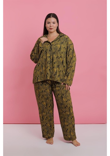 Modaserdem Akbeniz Kadın Büyük Beden Tropikal Yaprak Desenli Düğmeli Pijama Takımı fırsatları