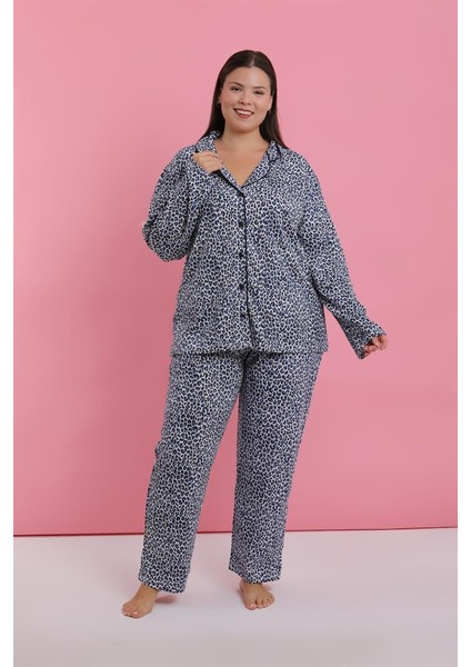 Modaserdem Kadın Büyük Beden Mavi Leopar Desenli Düğmeli Pijama Takımı fiyatları