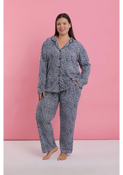 Modaserdem Kadın Büyük Beden Mavi Leopar Desenli Düğmeli Pijama Takımı fırsatları