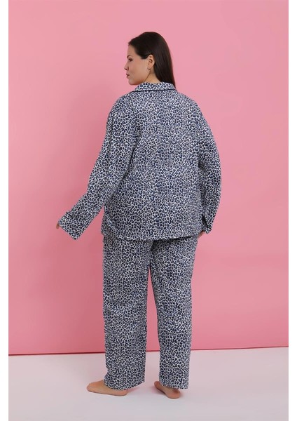 Modaserdem Kadın Büyük Beden Mavi Leopar Desenli Düğmeli Pijama Takımı