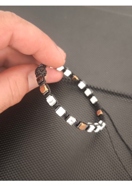 Havlit 5-6 mm Küp -Markazitli Zirkon-Damla Kehribar ve Hematit Doğaltaş Bileklik Takı Aksesuar Erkek Bileklik