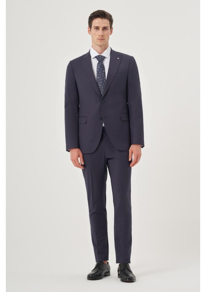 Erkek Lacivert Yünlü 8-Drop Trend Çizgili Slim Fit Sivri Yaka Takım Elbise modelleri
