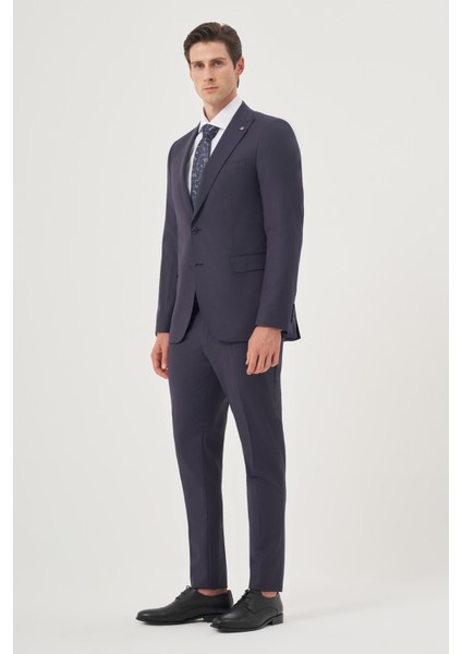 Erkek Lacivert Yünlü 8-Drop Trend Çizgili Slim Fit Sivri Yaka Takım Elbise fırsatları