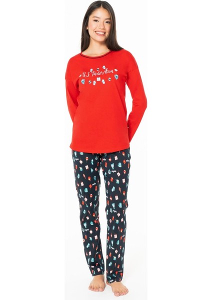 20167 Kadın Kırmızı Yuvarlak Yaka Uzun Kollu Pijama Takımı