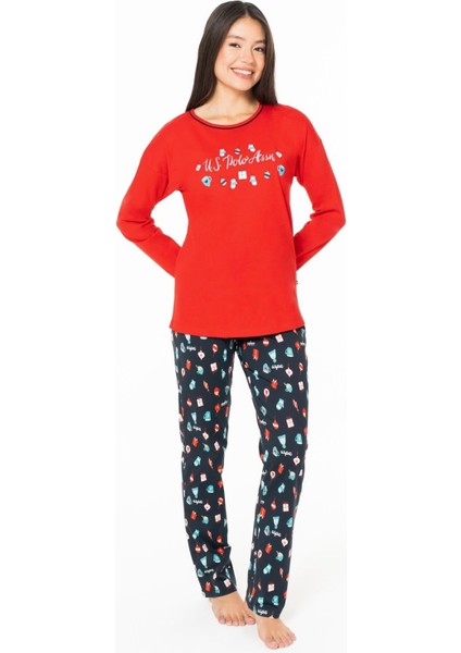 20167 Kadın Kırmızı Yuvarlak Yaka Uzun Kollu Pijama Takımı fiyatları