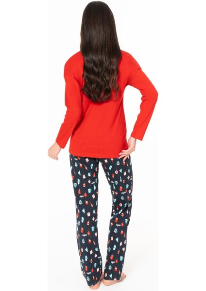 20167 Kadın Kırmızı Yuvarlak Yaka Uzun Kollu Pijama Takımı modelleri