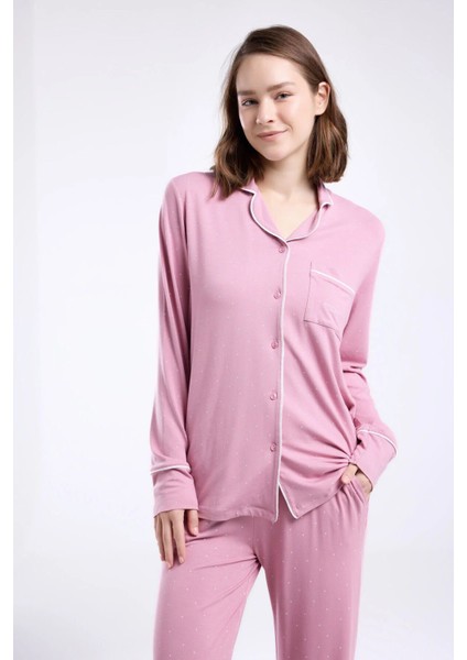 8986 Kadın Gül Kurusu Uzun Kollu Önden Düğmeli Biyeli Gömlek Pijama Takımı