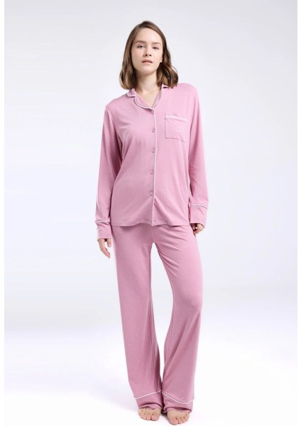 8986 Kadın Gül Kurusu Uzun Kollu Önden Düğmeli Biyeli Gömlek Pijama Takımı fiyatları