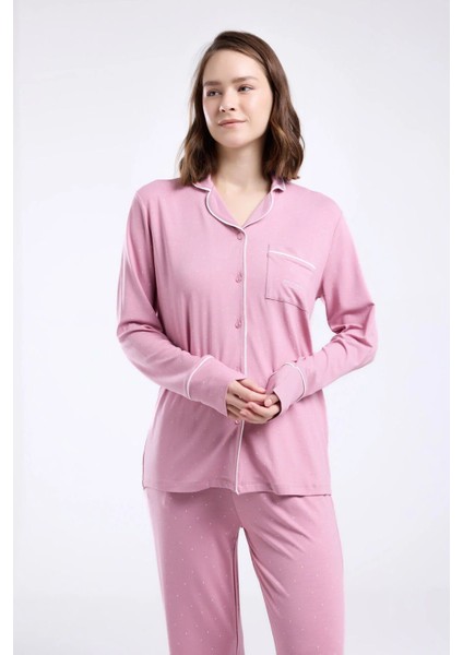 8986 Kadın Gül Kurusu Uzun Kollu Önden Düğmeli Biyeli Gömlek Pijama Takımı modelleri