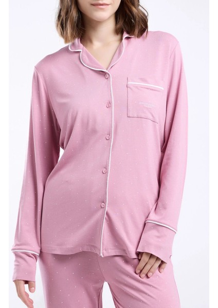 8986 Kadın Gül Kurusu Uzun Kollu Önden Düğmeli Biyeli Gömlek Pijama Takımı fırsatları