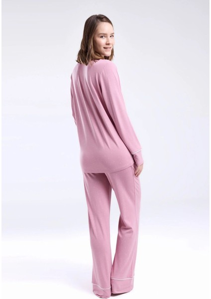 8986 Kadın Gül Kurusu Uzun Kollu Önden Düğmeli Biyeli Gömlek Pijama Takımı indirimleri