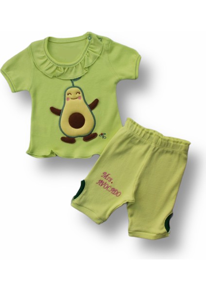 3-6 6-9 9-12 12-18 Ay Avokado Nakışlı Kısa Kollu Sweatli Şortlu 2li Kız-Erkek Bebek Takımı