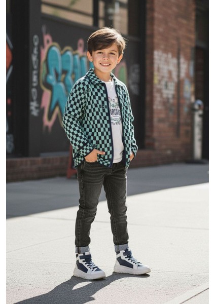 Damalı Triko Hırkalı Erkek Çocuk 3 lü takım - Yeşil