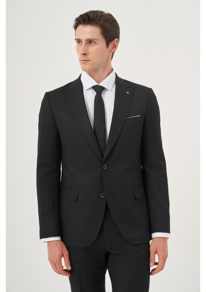 Erkek Siyah Poliviskon Basic Jakarlı Slim Fit Sivri Yaka Takım Elbise
