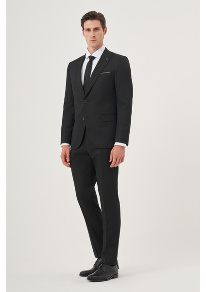 Erkek Siyah Poliviskon Basic Jakarlı Slim Fit Sivri Yaka Takım Elbise indirimleri