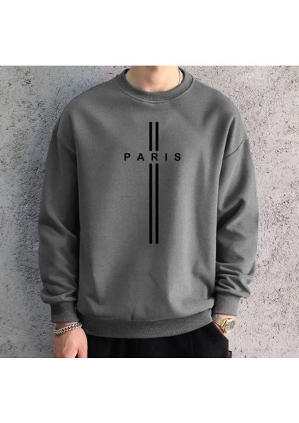 Büyük Beden Özel Tasarım Paris Dikey Çift Şerit Baskılı Yeni Trend Oversize Erkek Sweatshırt