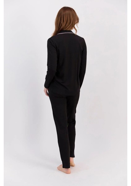 7717 Kadın Siyah Uzun Kollu Önden Düğmeli Biyeli Gömlek Pijama Takımı modelleri